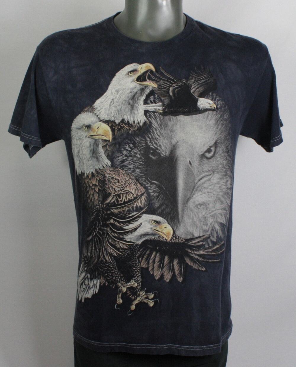 Bald Eagle Print Acid Wash Tie Dye Dark Blue Animal Shirt 3D M